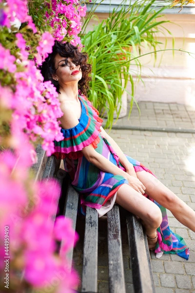 Fototapeta Beautiful sensual woman portrait outdoor in flowers dress