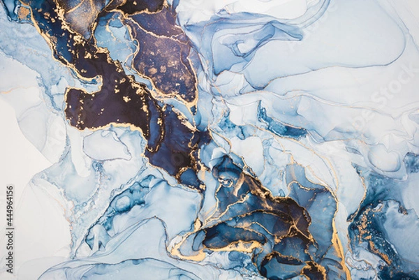 Obraz Luxury abstract fluid art painting in alcohol ink technique, mixture of dark blue, gray and gold paints. Imitation of marble stone cut, glowing golden veins. Tender and dreamy design.