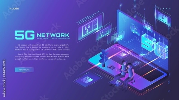 Fototapeta 5G network website banner, web page design template, isometric neon vector illustration. High speed data transfer.