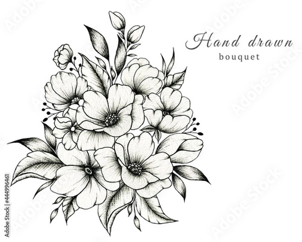 Obraz Hand drawn floral bouquet with various big and small flowers and leaves isolated on white background, ink drawing monochrome elegant flower composition in vintage style
