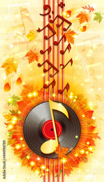 Fototapeta Autumn background with fallen leaves, notes and vinyl record.