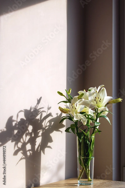 Obraz White lilies in a transparent vase on the background of the wall.