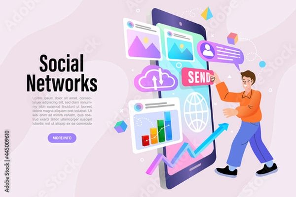 Fototapeta Network communication composition in flat style. Vector illustration for social media promotional materials. Online messaging service web banner. chatting mobile application vector illustration.