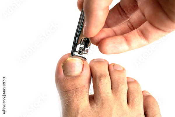 Obraz The guy cuts his toenails with scissors.