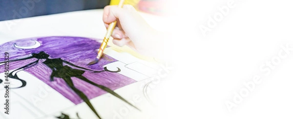 Obraz a person draws with a brush and paints on a large canvas in an art studio. creative, modern artist of fine art, a masterpiece of drawing, drawing training, art school, distance drawing courses, banner