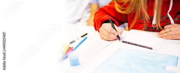 Obraz a person draws with a brush and paints on a large canvas in an art studio. creative, modern artist of fine art, a masterpiece of drawing, drawing training, art school, distance drawing courses, banner