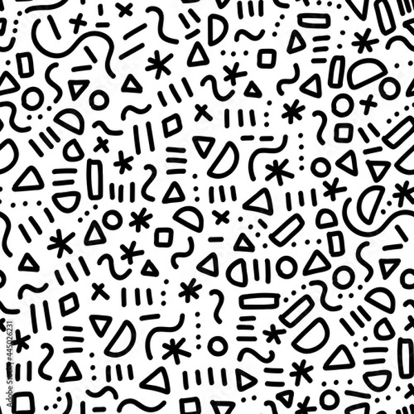 Fototapeta Memphis doodle pattern seamless vector repeat. Cute simple line art background with hand drawn elements black on white. Monochrome memphis style hipster backdrop for fabric, wallpaper, wrapping.