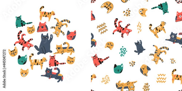 Fototapeta Vector childish hand drawn seamless pattern of cats or kittens on white background. Separate cat animals concept.