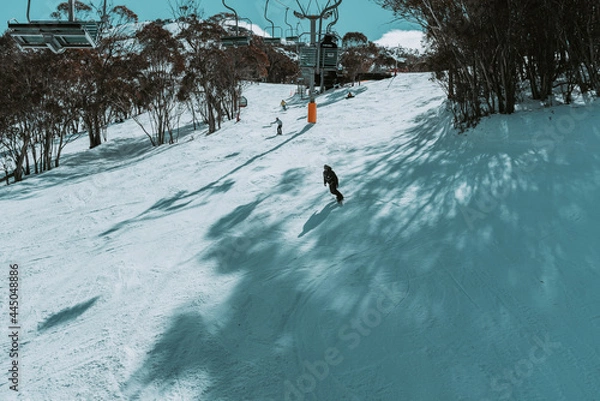 Fototapeta People in winter enjoying the snowy mountains where are practised plenty of activities such as skiing and snowboarding with a clear sky and some clouds on the horizon.