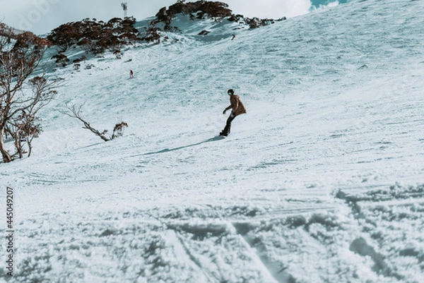 Fototapeta People in winter enjoying the snowy mountains where are practised plenty of activities such as skiing and snowboarding with a clear sky and some clouds on the horizon.