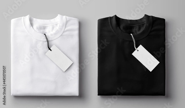 Fototapeta Black and white folded t-shirt with label.