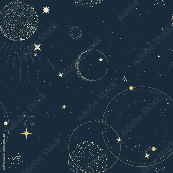Fototapeta Night sky with Moon Gold celestial seamless pattern, Tender  universe constelllation vintage textile print , boho