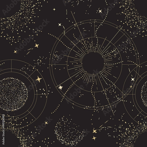 Fototapeta Galaxy universe mystic background, Night sky design. sacred geometry signs  . Constellation, Sun,  Moon Gold celestial seamless pattern, boho print