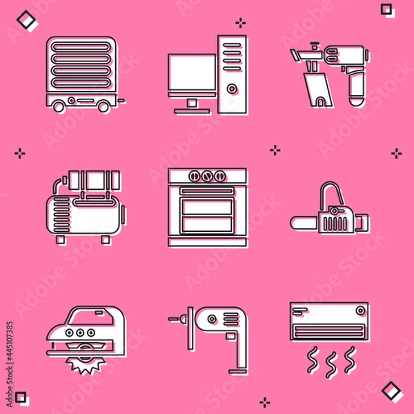 Fototapeta Set Electric heater, Computer monitor, Nail gun, Air compressor, Oven and Chainsaw icon. Vector