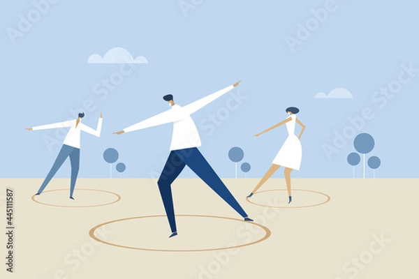 Fototapeta People wearing protective masks drawing circles in the floor using their feet. Social distancing concept