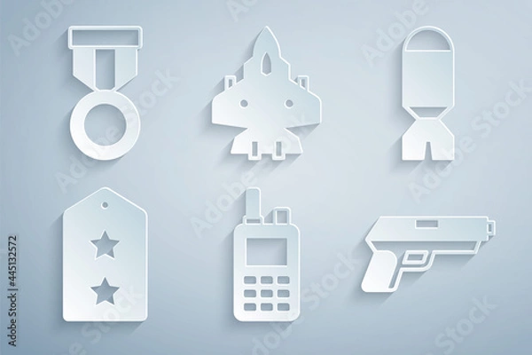 Obraz Set Walkie talkie, Rocket launcher, Military rank, Pistol or gun, Jet fighter and reward medal icon. Vector