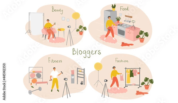 Fototapeta Set of male bloggers and vloggers characters making internet content. Men creating video for their blog channel. Influencers shooting vlog. Vector cartoon illustration