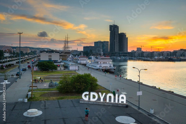 Fototapeta Aerial landscape of the harbor in Gdynia with modern architecture at sunset. Poland