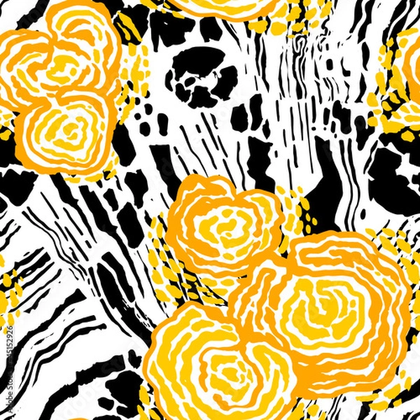 Obraz Vector hand drawn wood texture and mushrooms background. Illustrated by ink brush pen. Seamless texture template for print, textile design, fabric, home decor