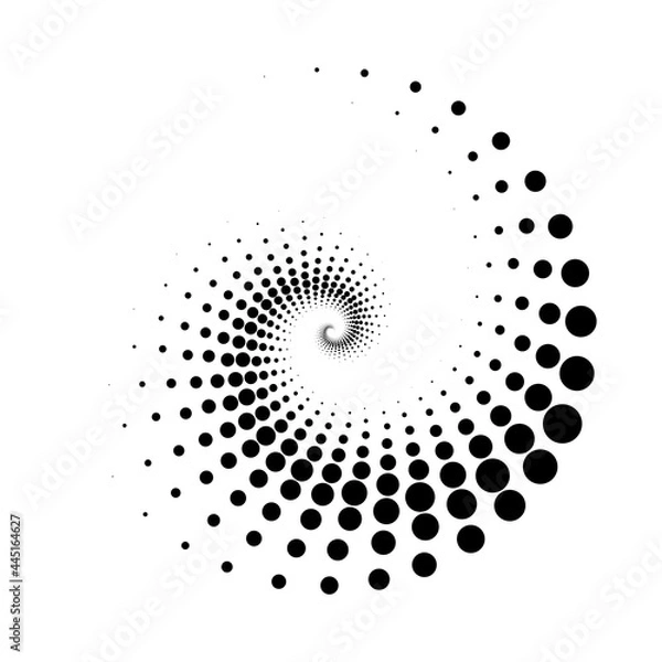 Fototapeta Vector editable graphics. Monochrome dots in the form of a circle, a spiral. Round geometric logo, stencil, dotted frame, web banner, poster, cover, social media splash with place to place your text.