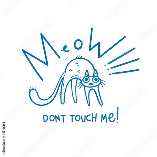 Obraz Postcard with cute angry cartoon cat. Funny vector kitten print. Doodle animal poster.