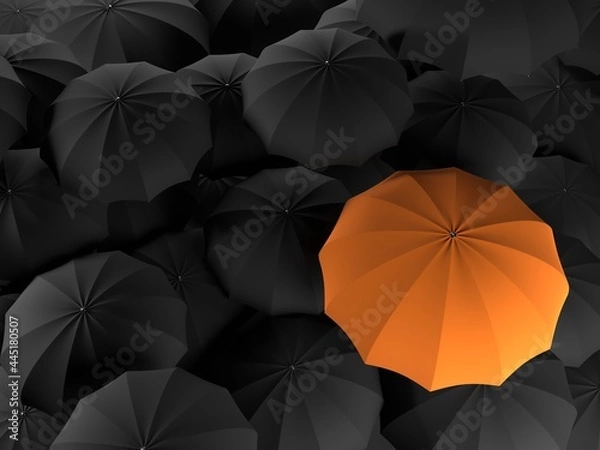 Fototapeta One unique bright orange umbrella among many black ones. The concept of uniqueness. 3d illustration