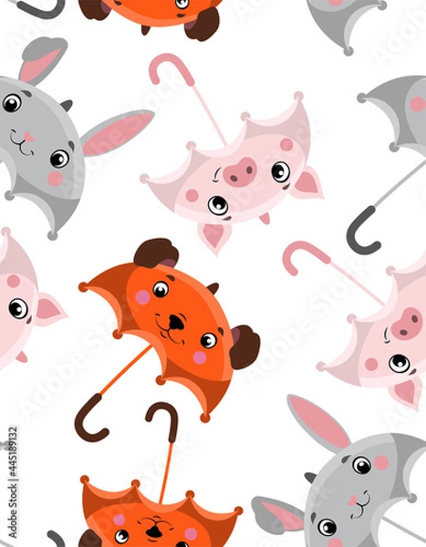 Fototapeta Animalistic Umbrella seamless pattern with cute kawaii animal Bunny Pig or Piglet Dog faces. Rainy weather kids background for fabric textile surface design. Flat cartoon vector illustrations set