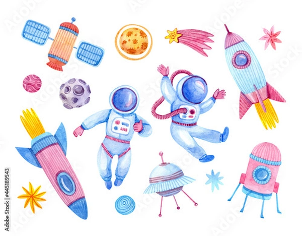 Fototapeta Cute space set with watercolor painted astronauts, planets, stars, comets, meteorite, rockets, satellite, spacecraft isolated on white background.