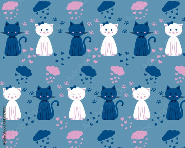 Fototapeta Seamless pattern with funny cats, clouds and hearts on a blue background. Vector illustration.