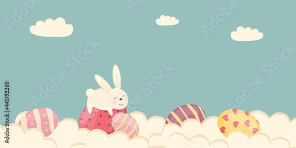 Obraz Easter poster and banner template with Easter eggs in the clouds on a pastel background.