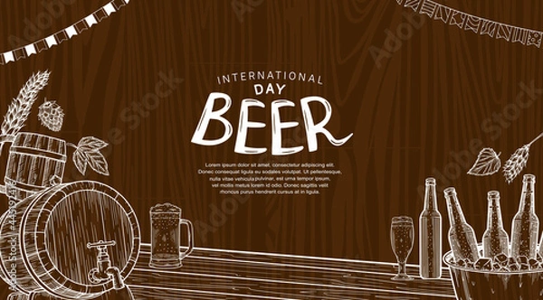 Fototapeta International Beer Day illustration vector design with hand drawn element isolated on wood background can be use for party, celebration and festival