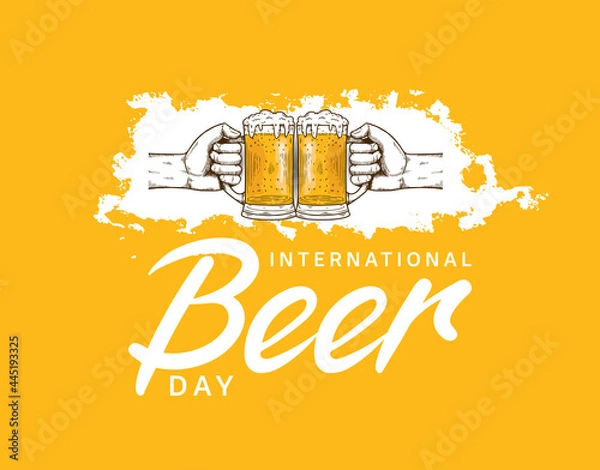 Fototapeta International Beer Day illustration vector design with hand holding mug of beer isolated on orange background can be use for party, celebration and festival