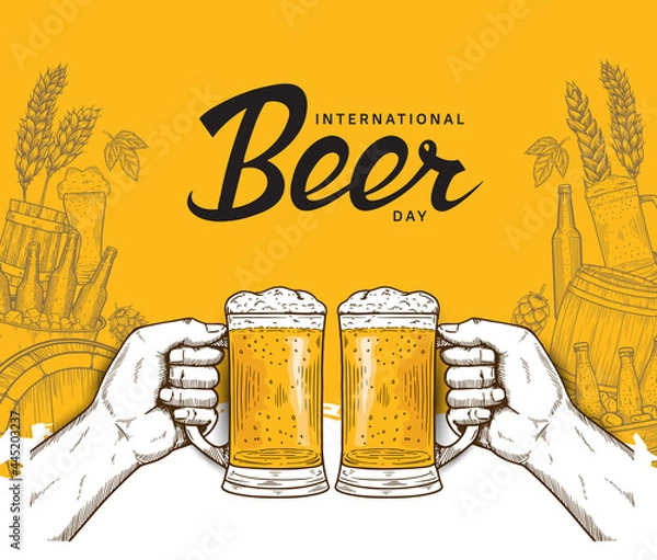 Fototapeta International Beer Day illustration vector design with hand drawn element isolated on orange background can be use for party, celebration and festival