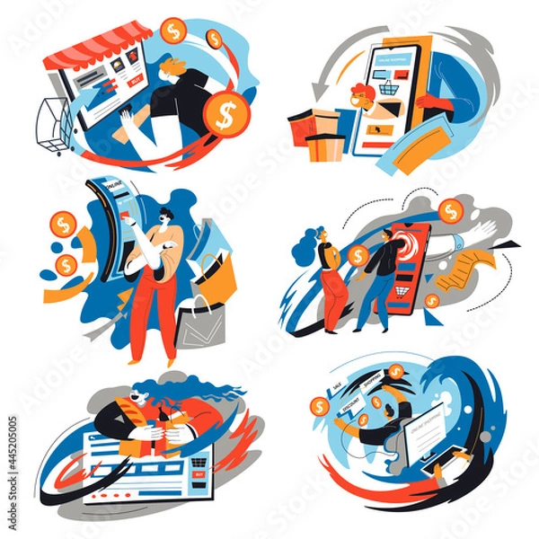 Obraz Shopping online, people using websites and stores