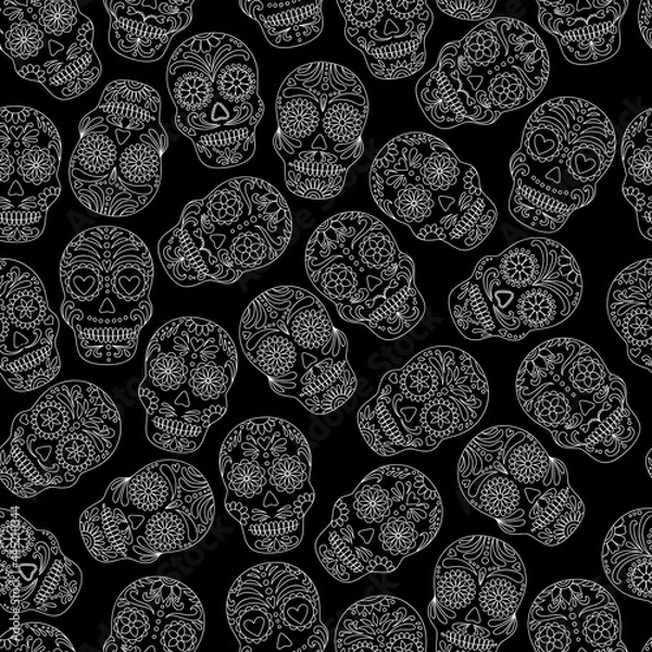 Obraz Day of the Dead  skulls pattern. Dia de los muertos print. Day of the dead and  mexican Halloween texture. Mexican tradition  festival. Day of the dead sugar skull isolated. Dia de los Muertos tattoo 