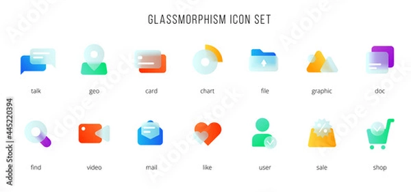 Fototapeta A set of vector icons of the modern trend in the style of glass morphism with gradient, blur and transparency. The collection includes 14 icons of different colors in a single style
