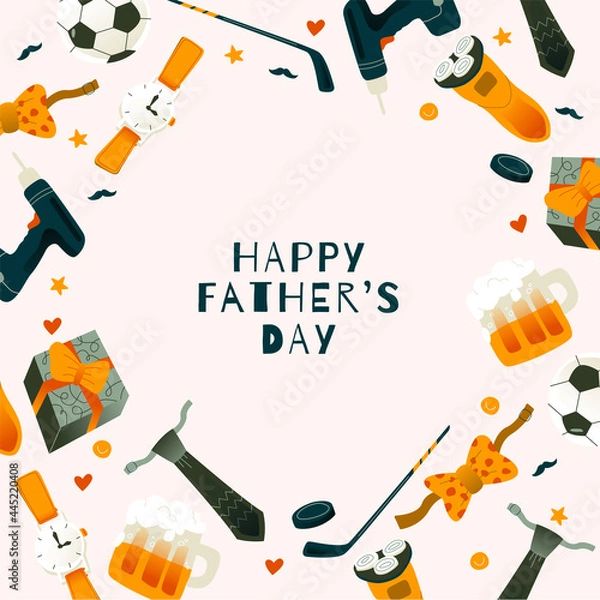 Fototapeta A father's Day card with many elements in a modern trendy style. Happy Father's Day sign in the center. Gift, razor, screwdriver, wrist watch, tie, bow tie, soccer ball, hockey stick and puck, beer mu