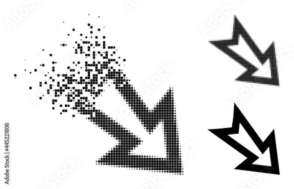 Obraz Disappearing pixelated arrow right down icon with destruction effect, and halftone vector image. Pixelated dissolving effect for arrow right down reproduces speed and motion of cyberspace objects.