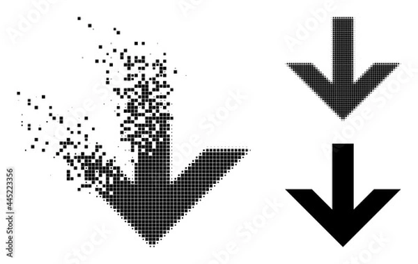 Obraz Dispersed pixelated arrow down icon with wind effect, and halftone vector pictogram. Pixelated dispersing effect for arrow down reproduces speed and movement of cyberspace items.