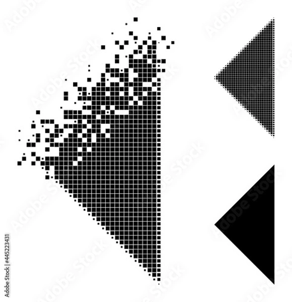 Obraz Destructed pixelated arrowhead left pictogram with destruction effect, and halftone vector composition. Pixelated destruction effect for arrowhead left shows speed and motion of cyberspace items.
