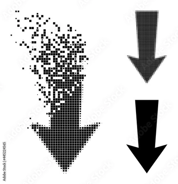 Obraz Dissipated pixelated arrow down icon with destruction effect, and halftone vector pictogram. Pixelated explosion effect for arrow down gives speed and movement of cyberspace objects.