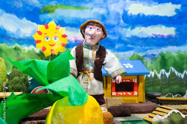 Obraz Home puppet theatre. Oldman and turnip. Russian fairytale.
