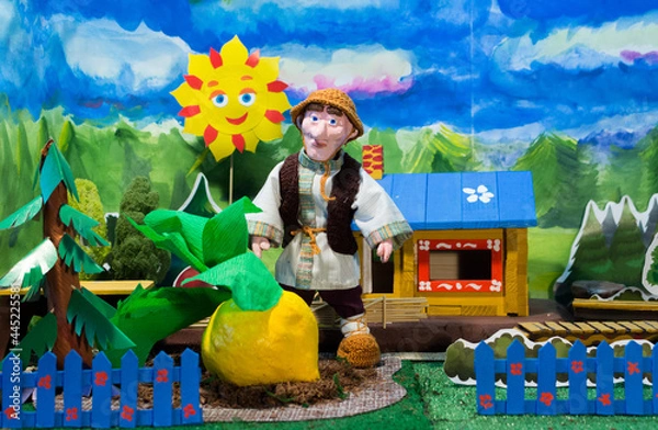 Obraz Home puppet theatre. Oldman and turnip. Russian fairytale.
