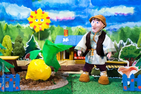 Obraz Home puppet theatre. Oldman and turnip. Russian fairytale.
