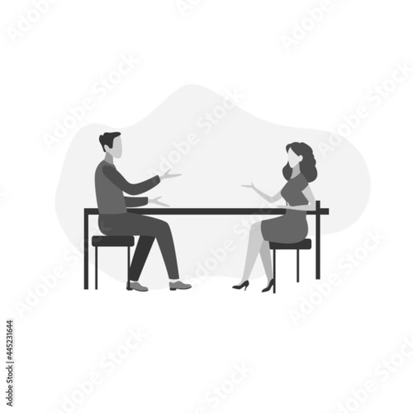Fototapeta  boy and girl are negotiating. The guy and the girl are discussing. Man and woman in team talk, discuss problems together, exchange opinions. 