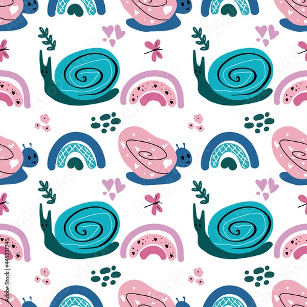 Fototapeta Seamless pattern with cute snails on a white background.Good for kids fabric, textile, nursery wallpaper. Hand-drawn childish naive illustrations in a simple Scandinavian style in a limited palette
