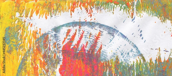 Fototapeta Abstract color acrylic and watercolor blot painting. Monotype template. Canvas texture long horizontal background.