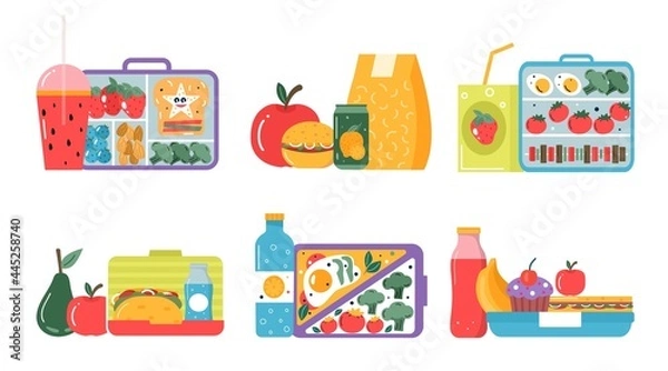 Fototapeta Set of icons breakfast or lunch meals. Food, drinks for Children school lunch boxes with meal, hamburger, sandwich, juice, snacks, fruit, vegetables.Vector collection