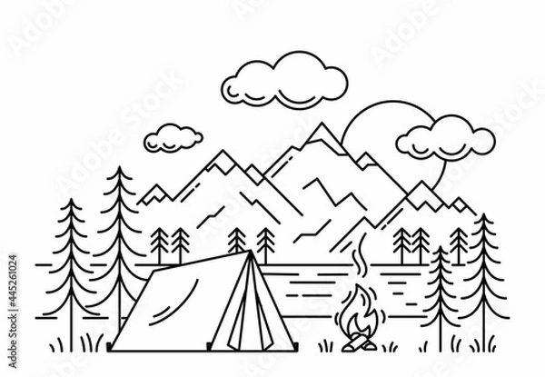 Fototapeta Camping tent in forest at the river outline vector illustration. Black linear campsite isolated on white background. Outdoor recreation in woods and at the river.