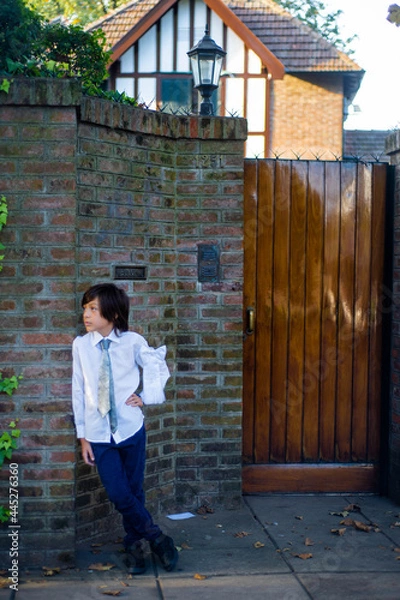 Obraz portrait of a child dressed for his first communion at the entrance of his home